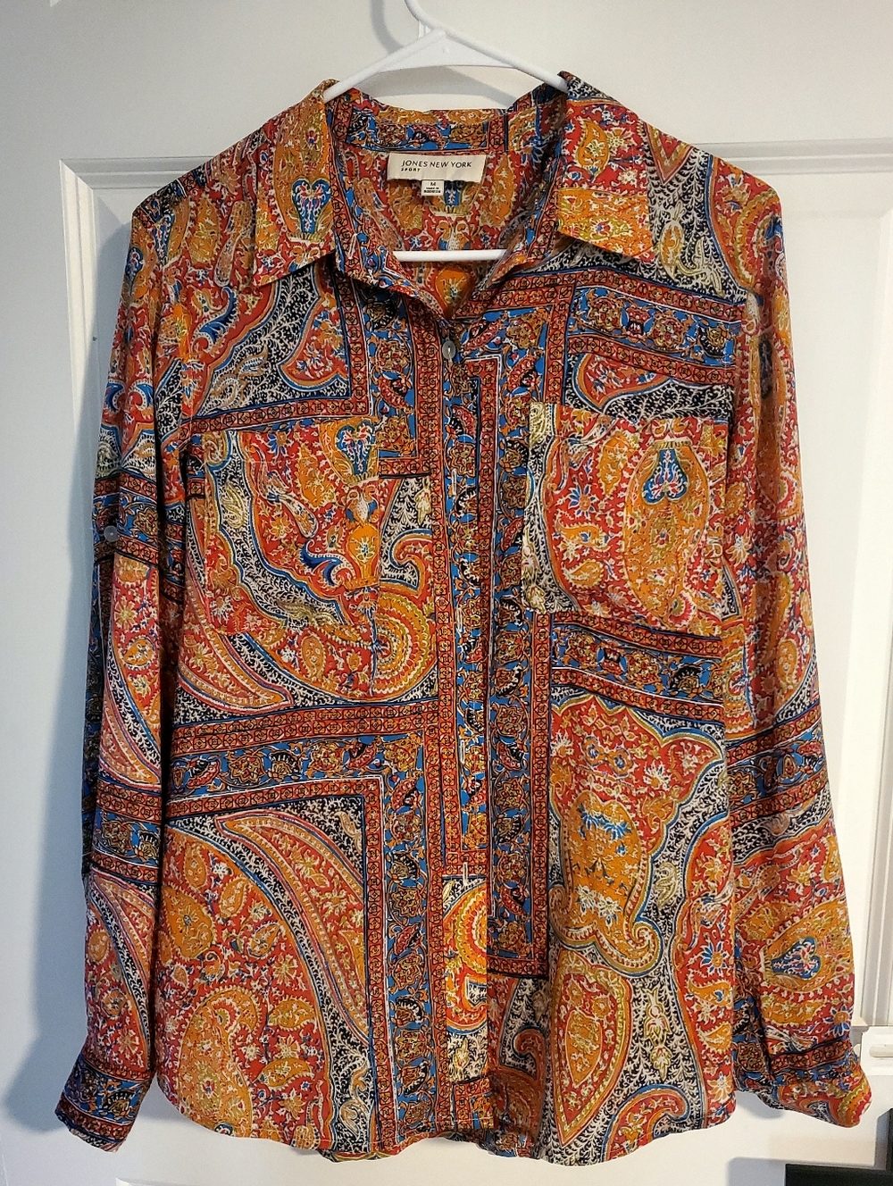 Jones New York Orange and Blue Paisley Button-Down Shirt Colorful VIBRANT